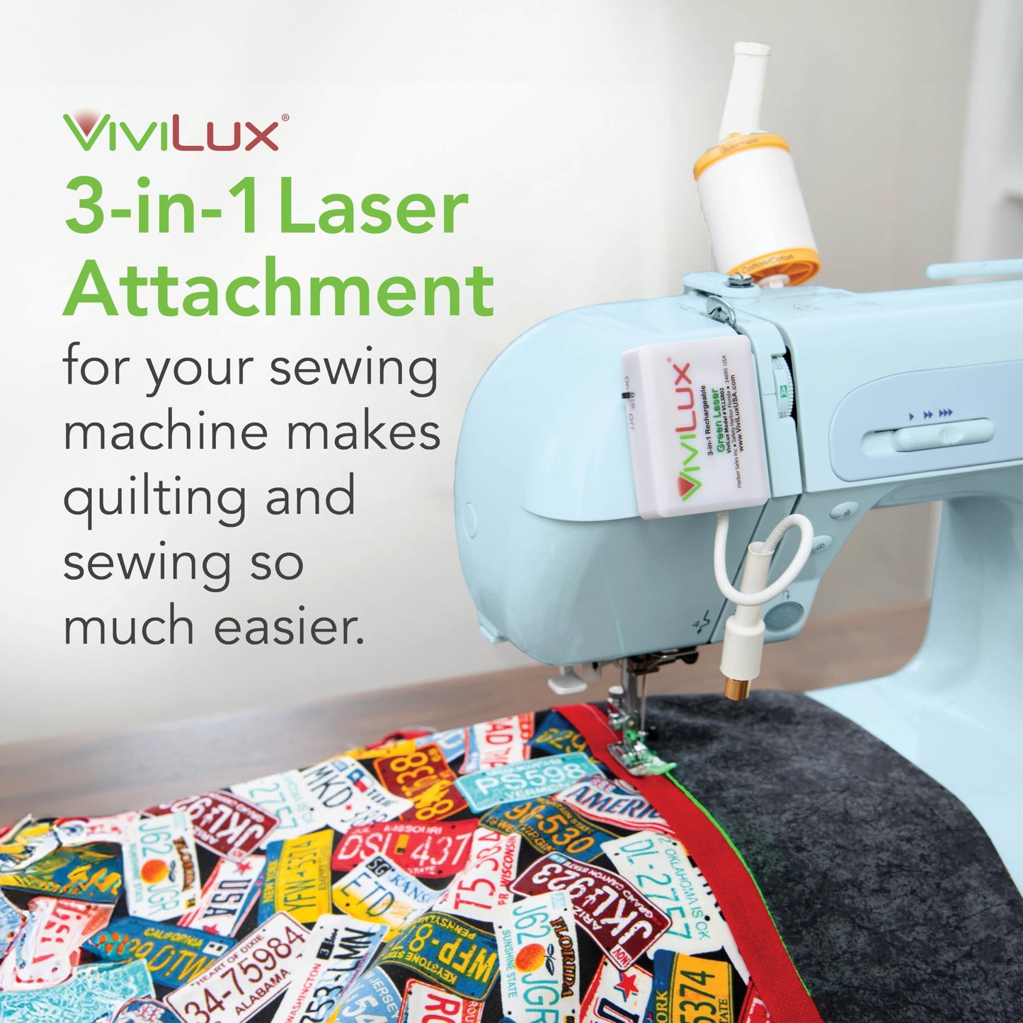 ViviLux 3-in-1 Rechargeable Green Laser System for Sewing & Quilting – Adjustable Line, Crosshair, and Dot Laser Heads, Secure Magnetic Mount