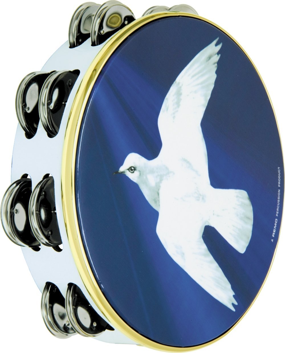 Remo Tambourine, 8" Diameter, 8 Pairs Jingles x 2 Rows, 'Religious Dove' Graphic