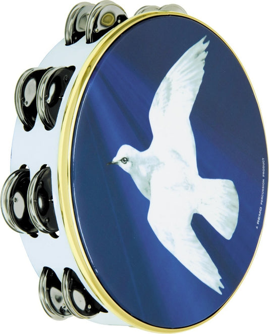 Remo Tambourine, 8" Diameter, 8 Pairs Jingles x 2 Rows, 'Religious Dove' Graphic