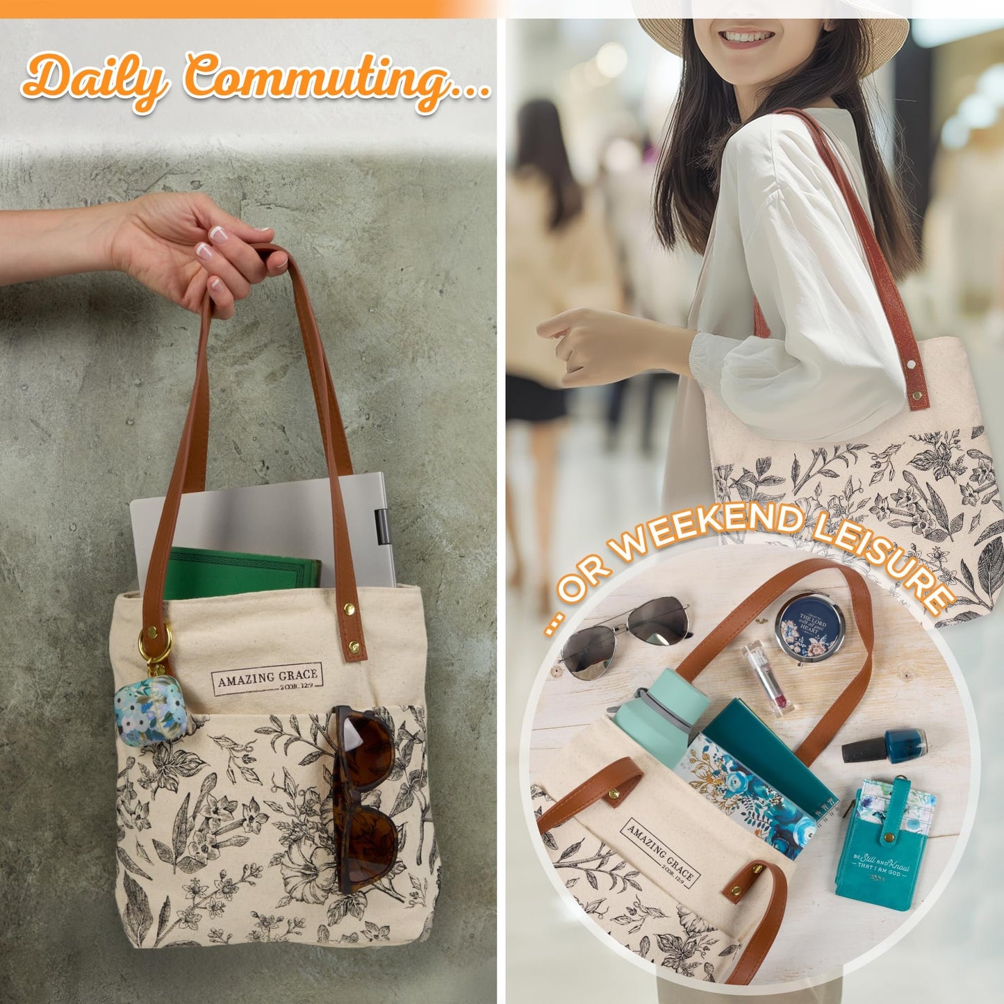 Christian Art Gifts Canvas Floral Tote Bag for Women: Amazing Grace Inspirational Scripture for Shopping, Supplies, Books, Accessories, Vegan Leather, Pocket, Zippered Closure, Creamy Tan & Brown