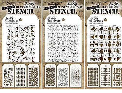 Tim Holtz - Nine Mini Layering Stencils - Numeric, Houndstooth, Rings, Honeycomb, Schoolhouse, Dot Fade, Tiles, Harlequin and Splotches - aka sets 7, 8 & 9