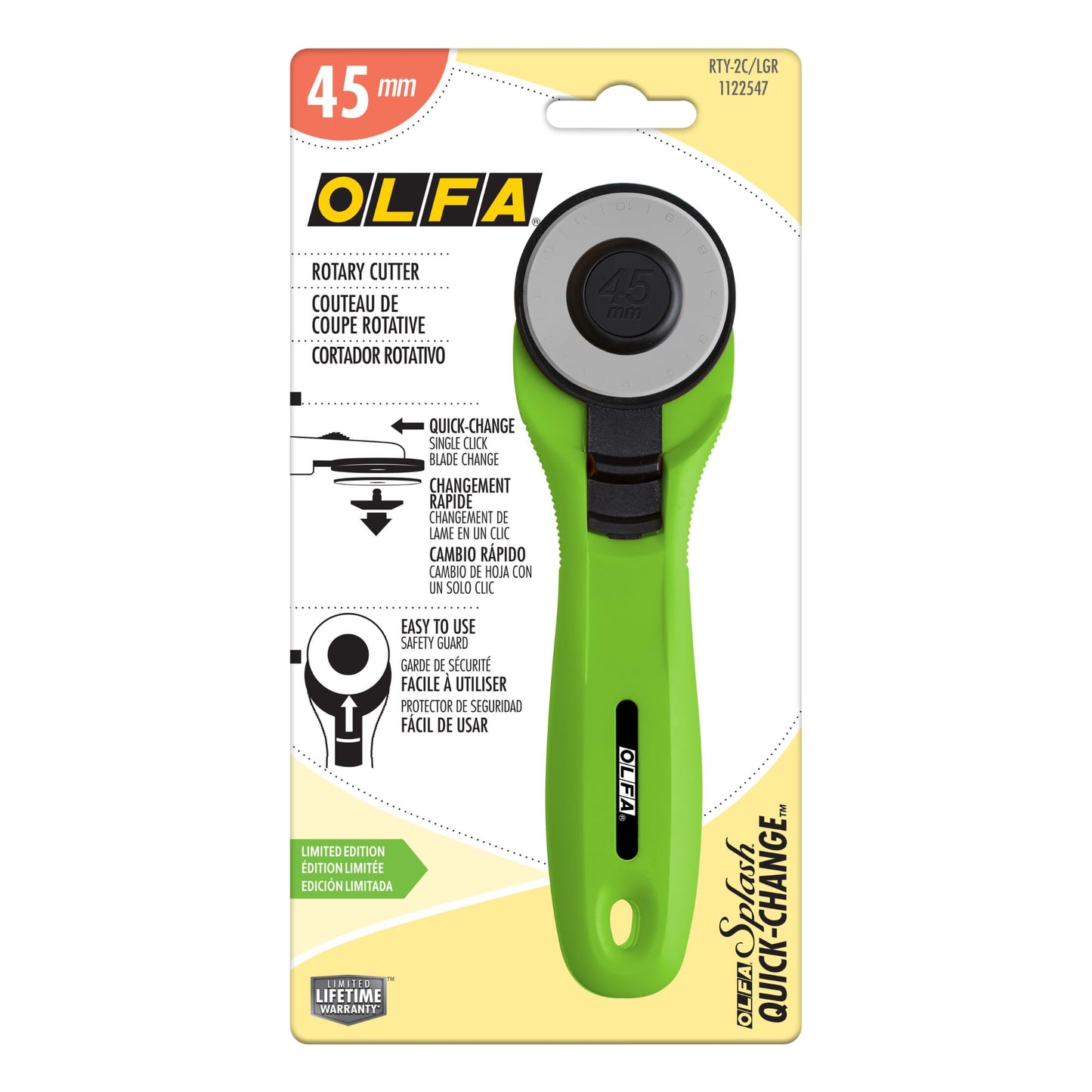 OLFA 45mm Quick-Change Rotary Cutter (RTY-2C/LGR) - Rotary Fabric Cutter w/Blade Cover for Crafts, Sewing, Quilting, Replacement Blade: OLFA RB45-1 (Lime)