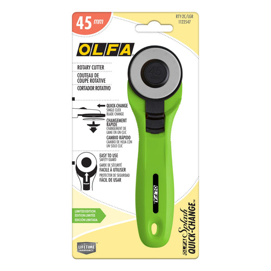 OLFA 45mm Quick-Change Rotary Cutter (RTY-2C/LGR) - Rotary Fabric Cutter w/Blade Cover for Crafts, Sewing, Quilting, Replacement Blade: OLFA RB45-1 (Lime)