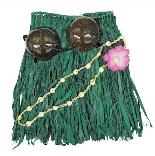 Hawaiian Grass Skirt Set Coconut Bra Top Green Adult