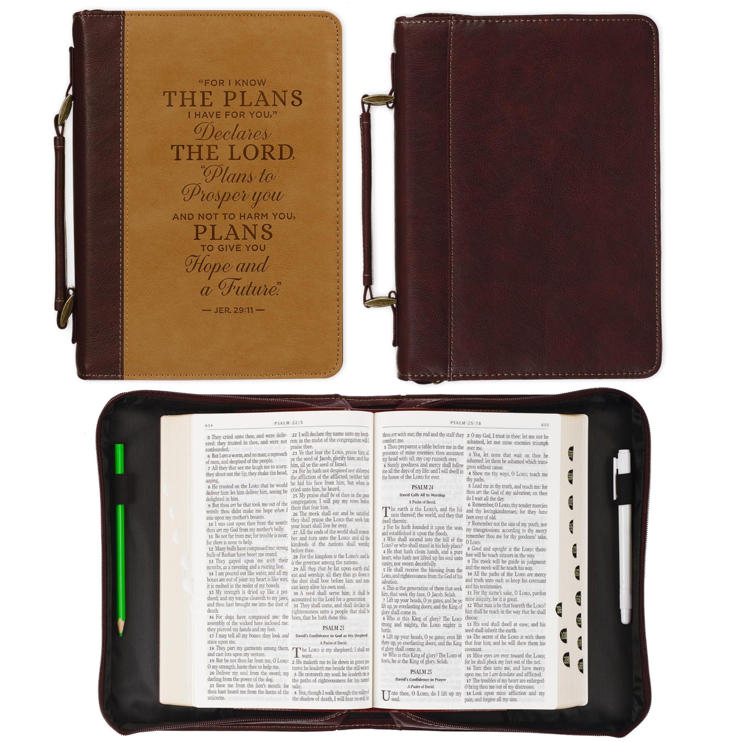 Christian Art Gifts Classic Vegan Leather Bible Cover for Men: I Know The Plans - Inspirational Bible Verse, Sturdy Easy Carry Book Case w/Pen Loops, Brown