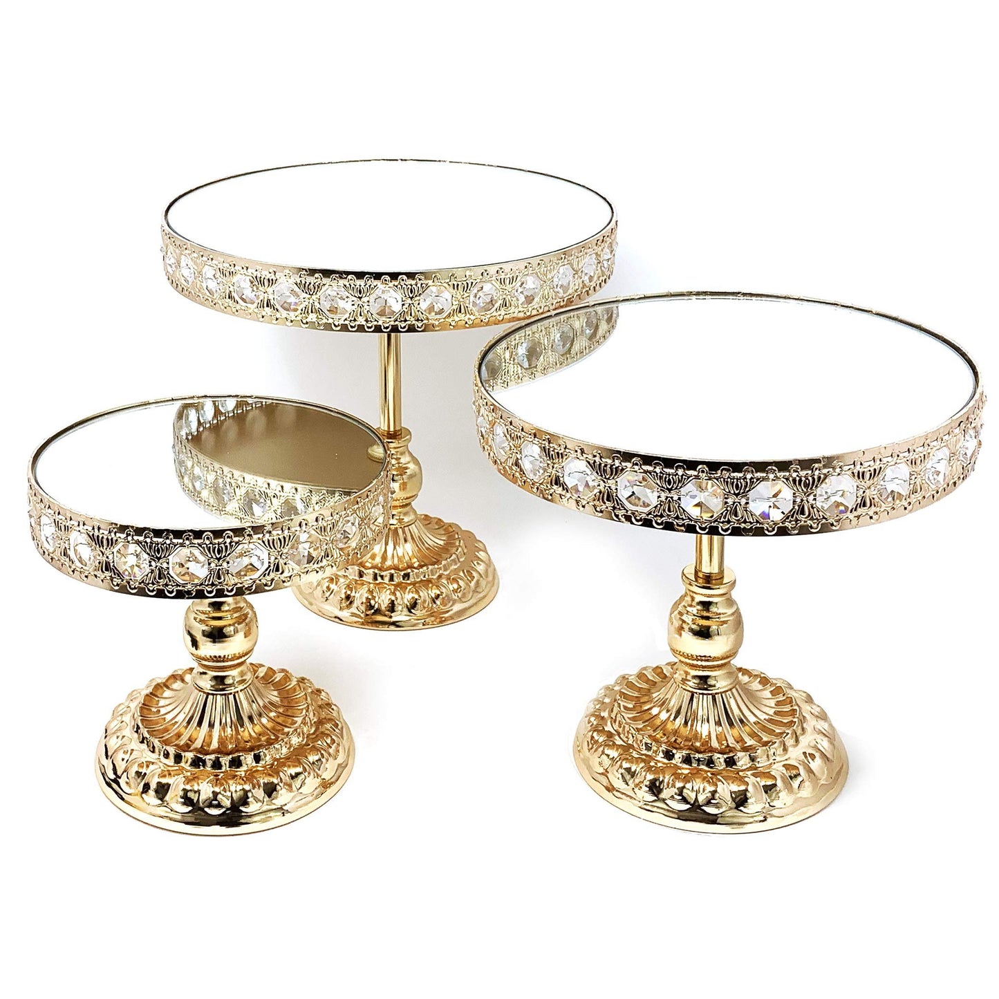 Allgala 3 Piece Set Crystal Gold Plated Dessert Cheese Cupcake Cake Stand with Mirror Plate