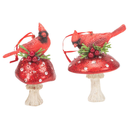 Kurt Adler Holiday Cardinal on Forest Mushroom Ornament, Set of 2