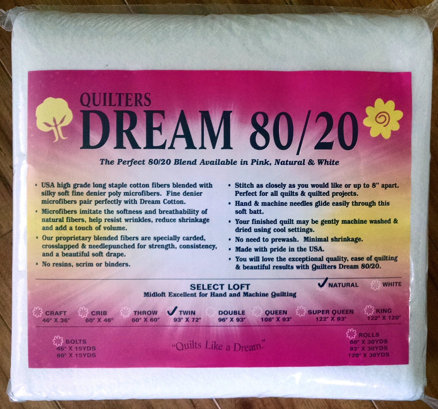 Quilter's Dream 80/20, Natural, Select Loft Batting - Twin Size 93"X72"