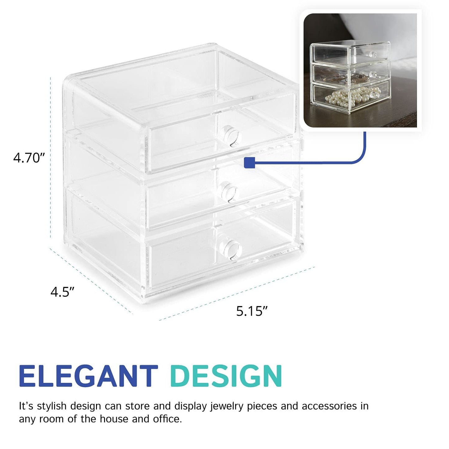 Huang Acrylic Clear Acrylic 3-Drawer Chest for Jewelry and Accessories