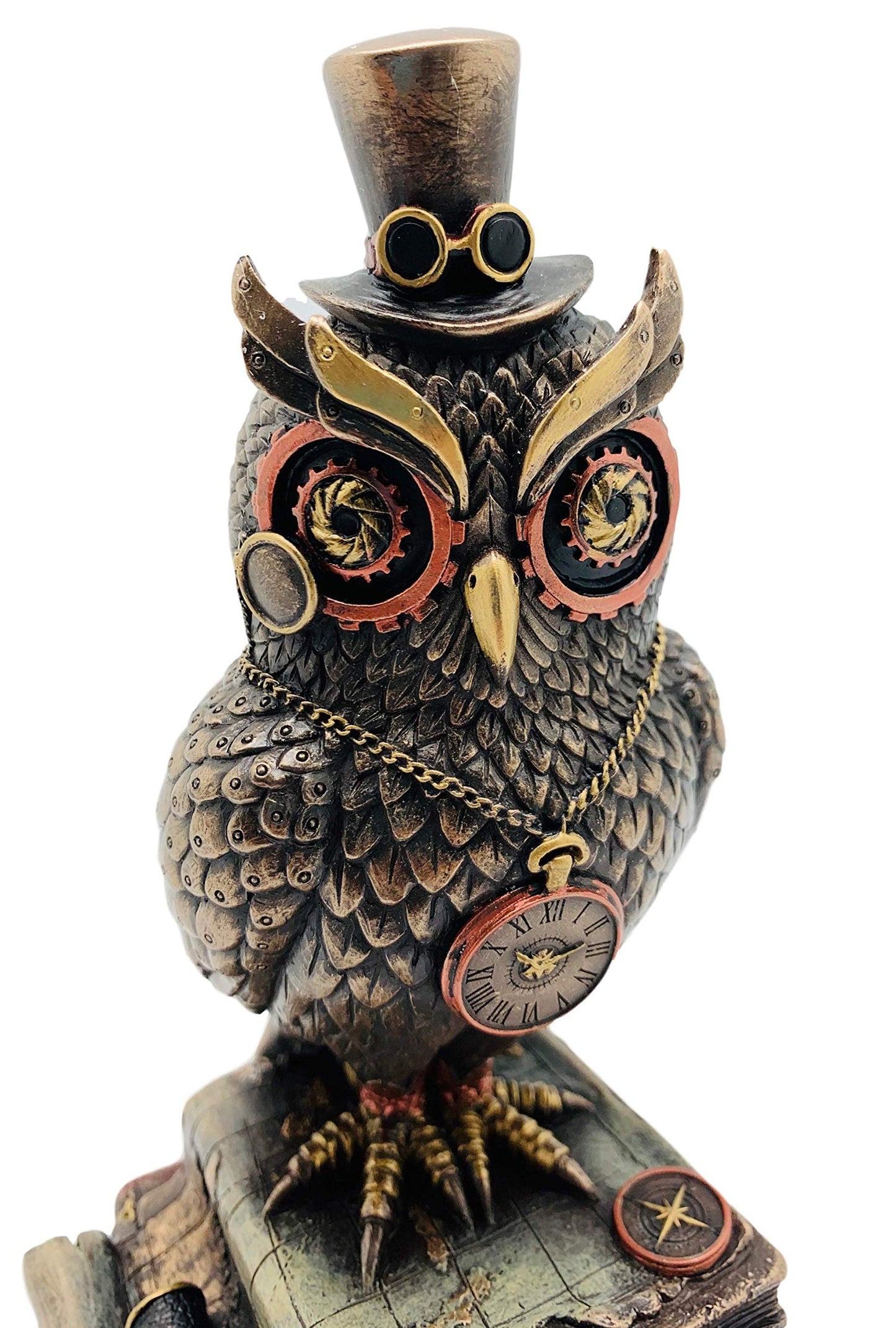 Veronese Design 8 1/8" Tall Steampunk Top Hat Owl Standing on Book Stacks