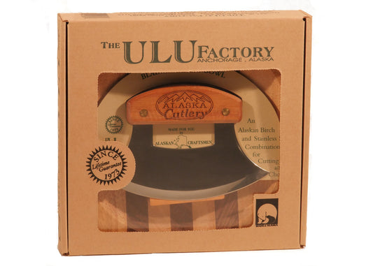 Alaska Ulu Knife Set Curved Knife with Wood Handle plus Chopping Board Mezzaluna Made in Alaska USA Ulu Factory