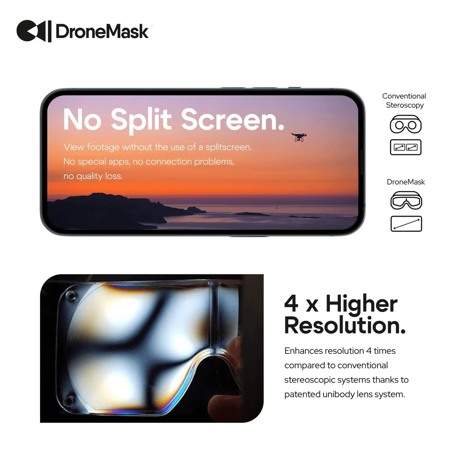 DroneMask 1 | Patented Unibody Lens FPV Goggles | Immersive VR Headset for DJI & GPS Drones