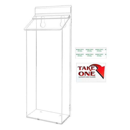Outdoor Trifold Brochure Holder Holds 4" x 9" Advertising Pamphlets Clear Acrylic Wall Mount Rack Card Box with Lid Includes Take One Sticker and Adhesive Strips by Marketing Holders