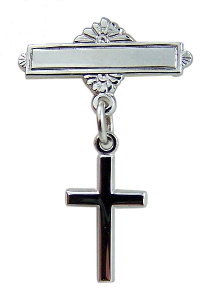 Religious Baby Jewelry Gifts Rhodium Plated Baby Bar Pin with Sterling Silver Cross Charm, 11/16 Inch