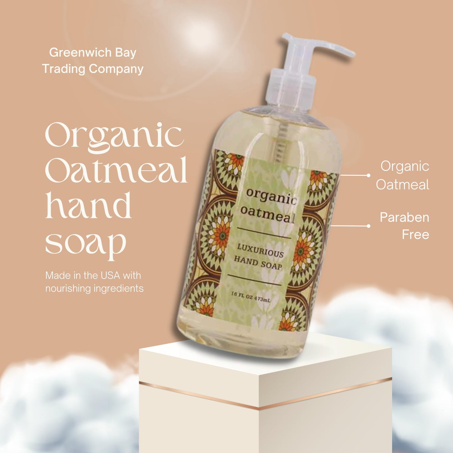 Greenwich Bay ORGANIC OATMEAL Hand Soap - Enriched with Shea Butter, Cocoa Butter, Organic Oatmeal Extract, No PARABENS 16 Oz.