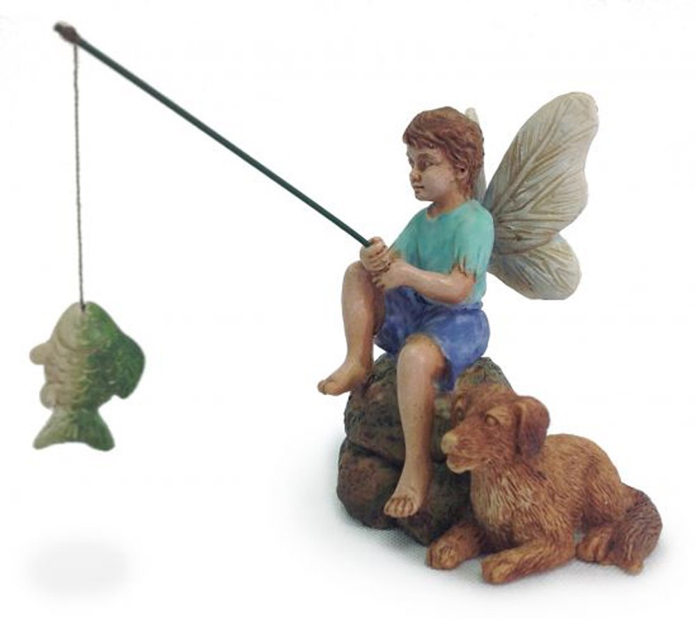 Gone Fishin' Miniature Fairy Garden Boy Fishing w/Dog Figurine