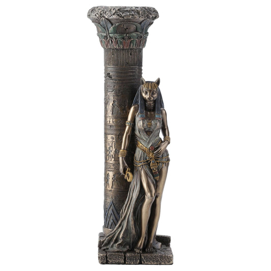 Veronese Design 10 3/4 Inch Egyptian Goddess Bastet Leaning On Pillar Cold Cast Resin Antique Bronze Finish Statue Tealight Candle Holder