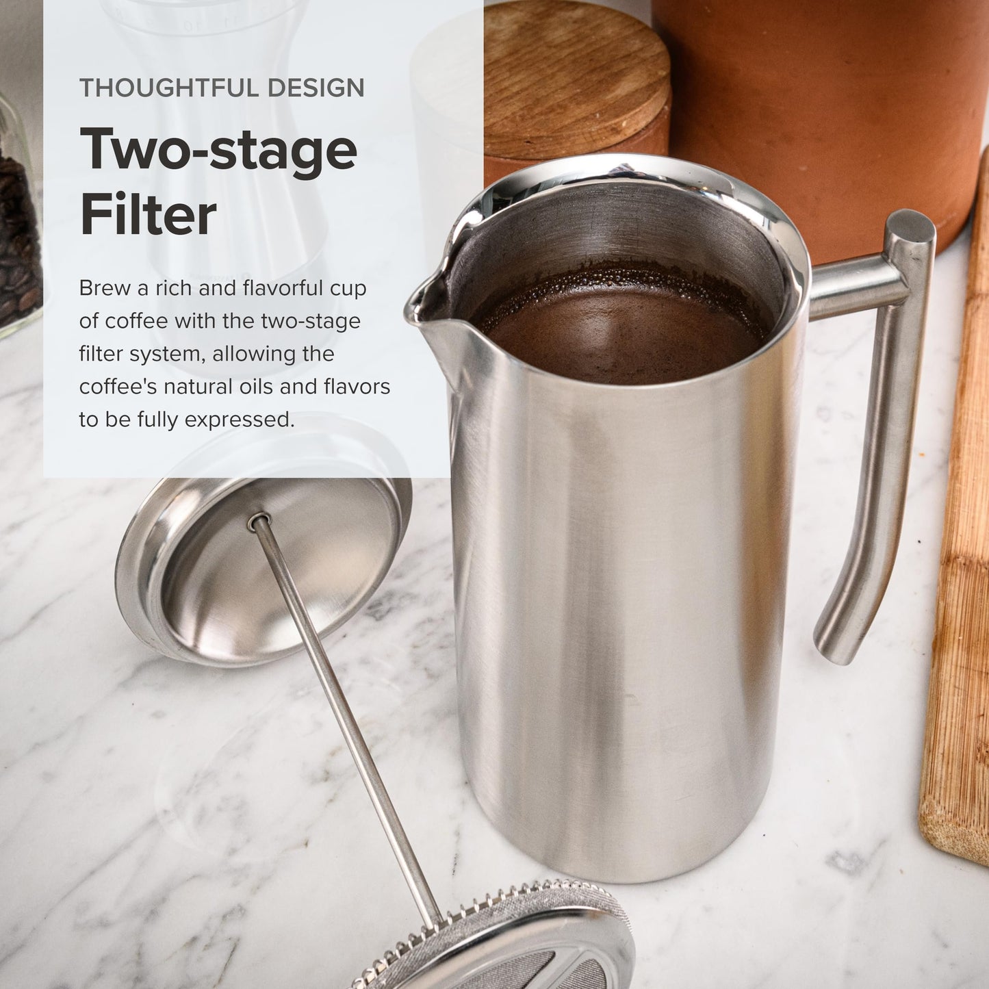 Frieling USA Double Wall Stainless Steel French Press Coffee Maker with Zero Sediment Dual Screen