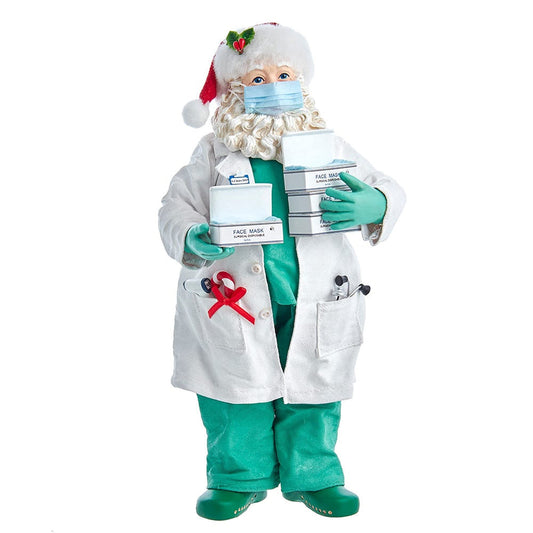 Kurt Adler 10.5-Inch Fabriche Santa Doctor in Scrubs Holding Boxes Of Masks, Multi-color, (FA0144)