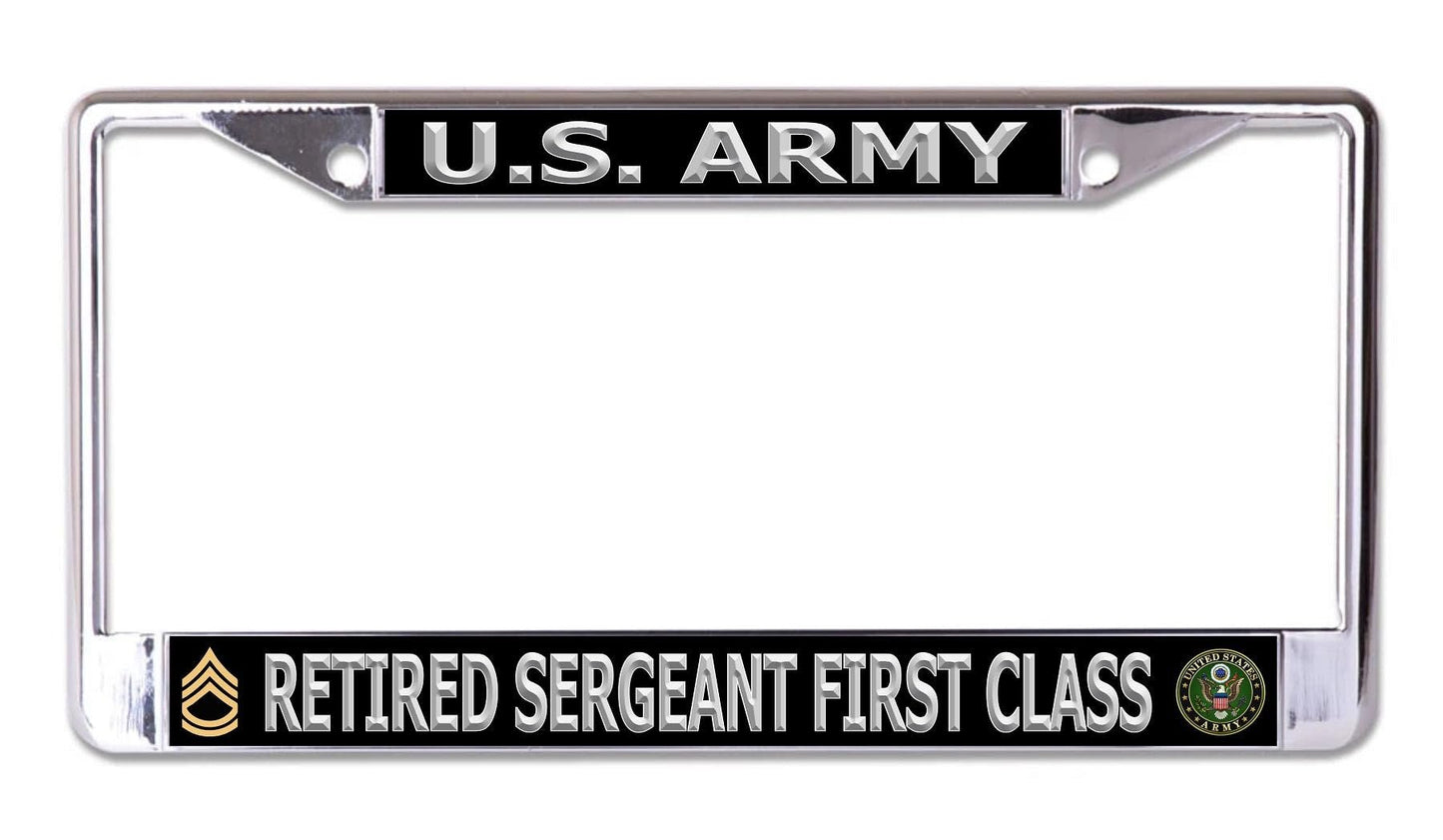 U.S. Army Retired Sergeant First Class Silver Letters Chrome License Plate Frame