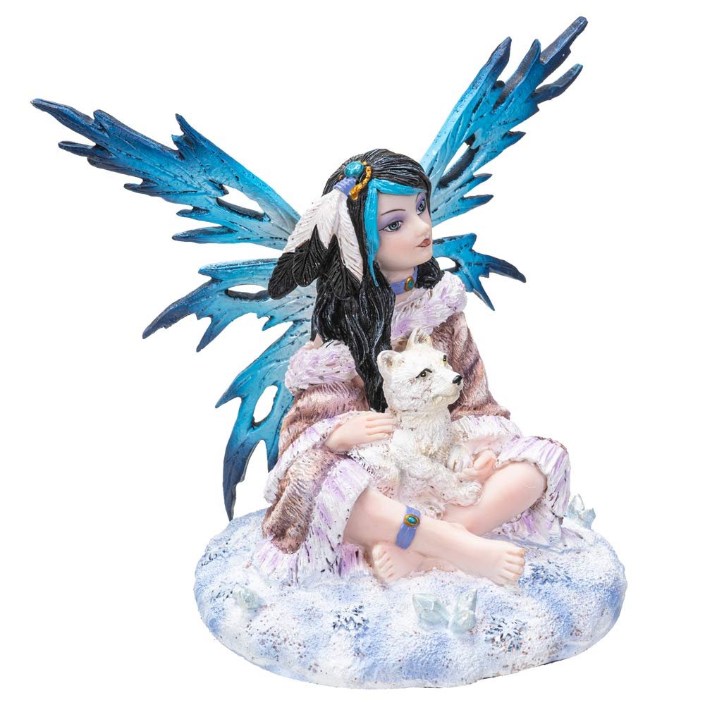 Pacific Giftware Fairyland Blue Winged Fairy with Baby Wolf Statue Figurine