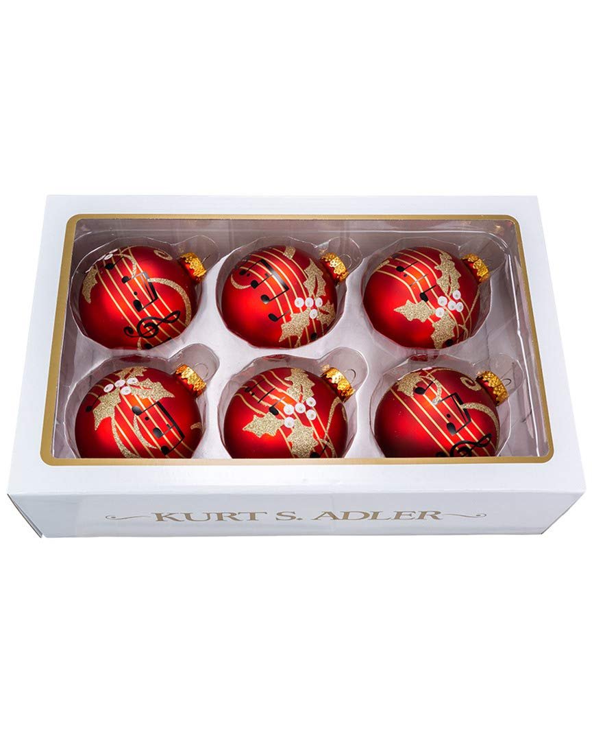 Kurt Adler 80 Mm Red with Music Notes Glitters Balls 6 Pieces, Christmas