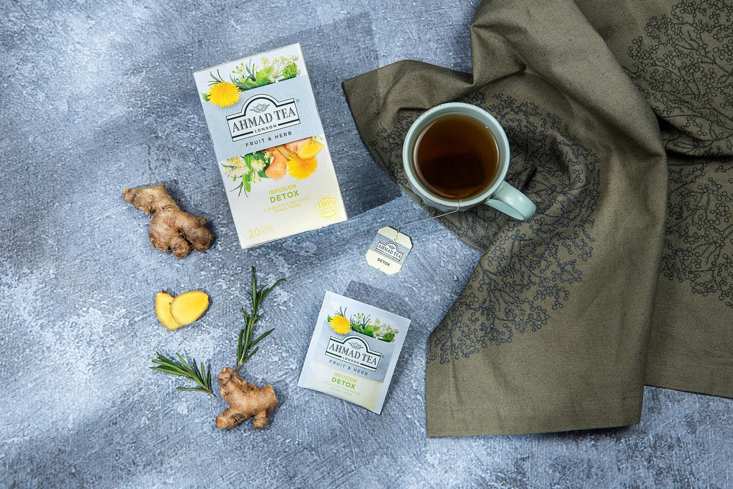 Ahmad Tea Herbal Tea, Ginger, Peppermint, Fennel, Dandelion, & Birch 'Detox' Teabags, 20 ct (Pack of 1) - Decaffeinated & Sugar-Free