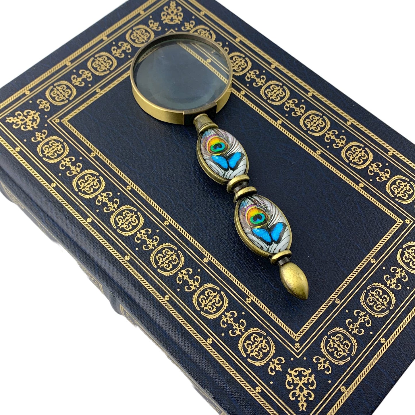 Value Arts Blue Butterfly and Peacock Feather Magnifying Glass, Brass and Glass, 6 Inches Long