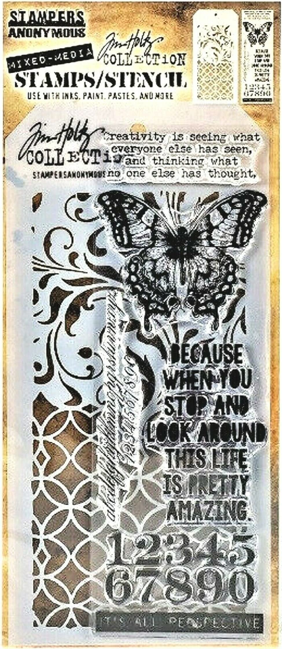 Tim Holtz Collection Stamper's Anonymous Tim Holtz Butterfly Flourish Latticework Mixed Media Stamp and Stencil Set THMM115