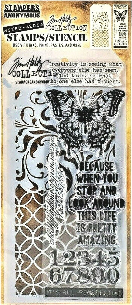 Tim Holtz Collection Stamper's Anonymous Tim Holtz Butterfly Flourish Latticework Mixed Media Stamp and Stencil Set THMM115