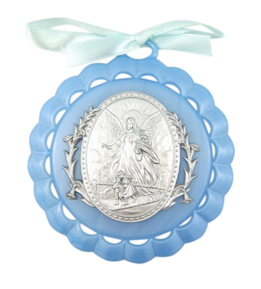 Moulded Acrylic Blue Crib Medal with Guardian Angel for Baby Boy Nursery Decor, 3 1/2 Inch