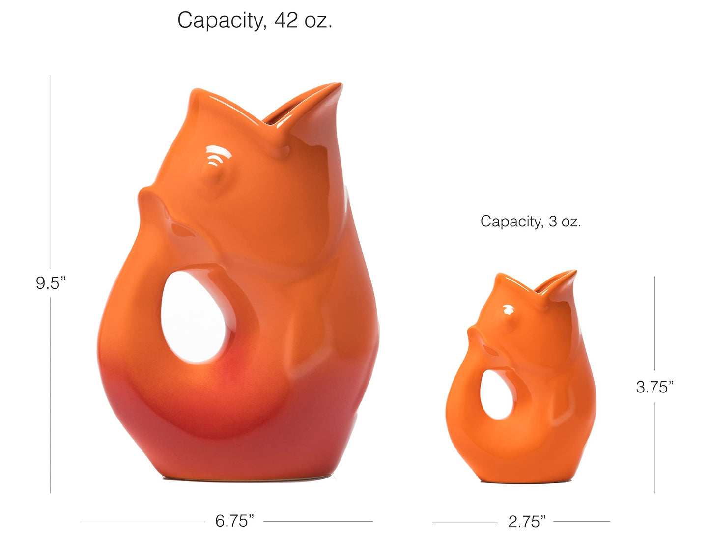 Gurgle Pot Fish Pitchers - Set of 2 - Large Gradient Orange Red (42 oz) with Orange Baby Gurgle Pot (3oz). Great Combination.