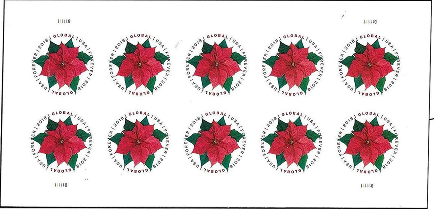 USPS Global Poinsettia (Sheet of 10) Postage Forever Stamps (Good for 1 Ounce of International First-Class Mail Holiday Celebration Flower) 2018 Scott #5311