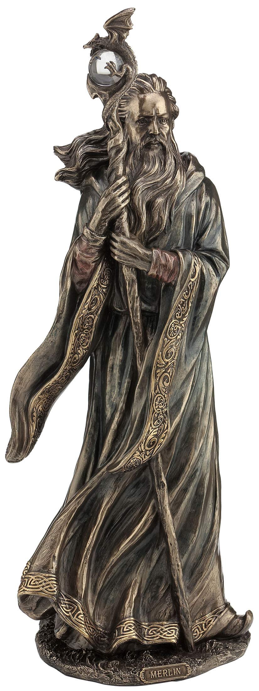 Veronese Design 18.5 Inch Merlin Grand Wizard Dragon Crystal Ball Staff Cold Cast Resin Antique Bronze Finish Statue Home Decor