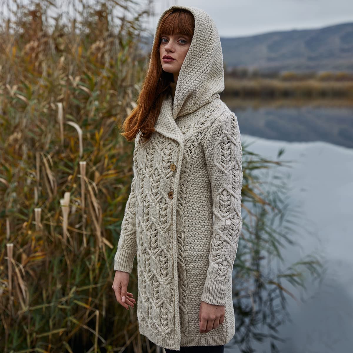 SAOL 100% Merino Wool Women Cardigan Butonned with Hood Aran Leaf Coat Made in Ireland