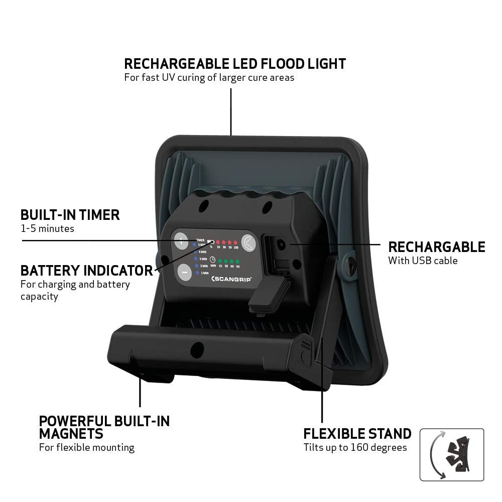 SCANGRIP NOVA-UV S, Rechargeable and Portable LED Flood Light for Fast UV Curing, Paint Repair of Larger Areas, Handheld, can be Used on Plastic and Heat Sensitive Material
