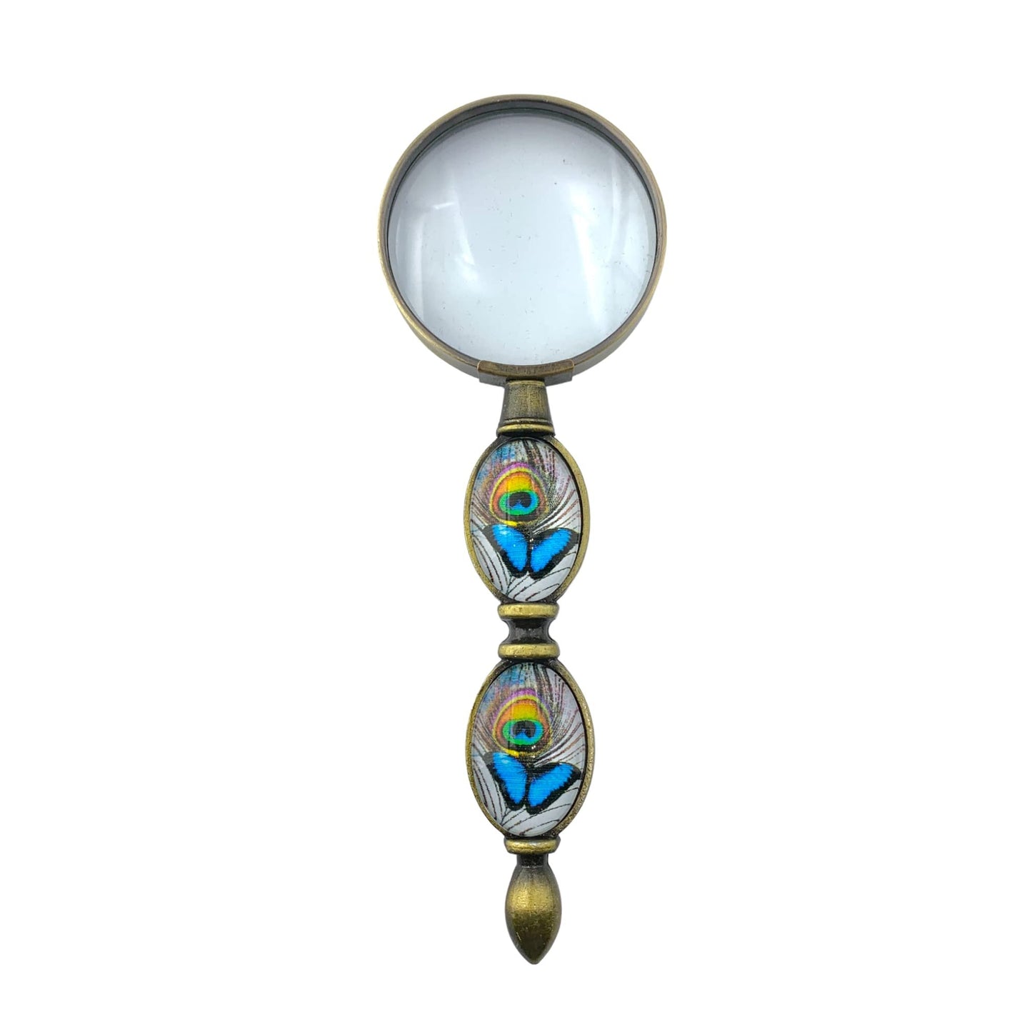 Value Arts Blue Butterfly and Peacock Feather Magnifying Glass, Brass and Glass, 6 Inches Long