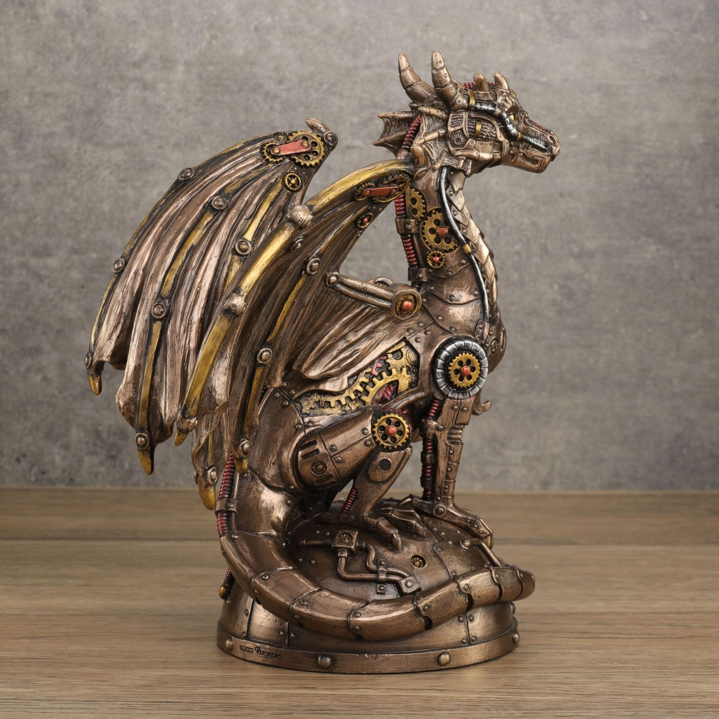 Veronese Design 8 1/4 Inch Steampunk Mechanical Gear Dragon Sitting on Platform Cold Cast Resin Bronze Finish