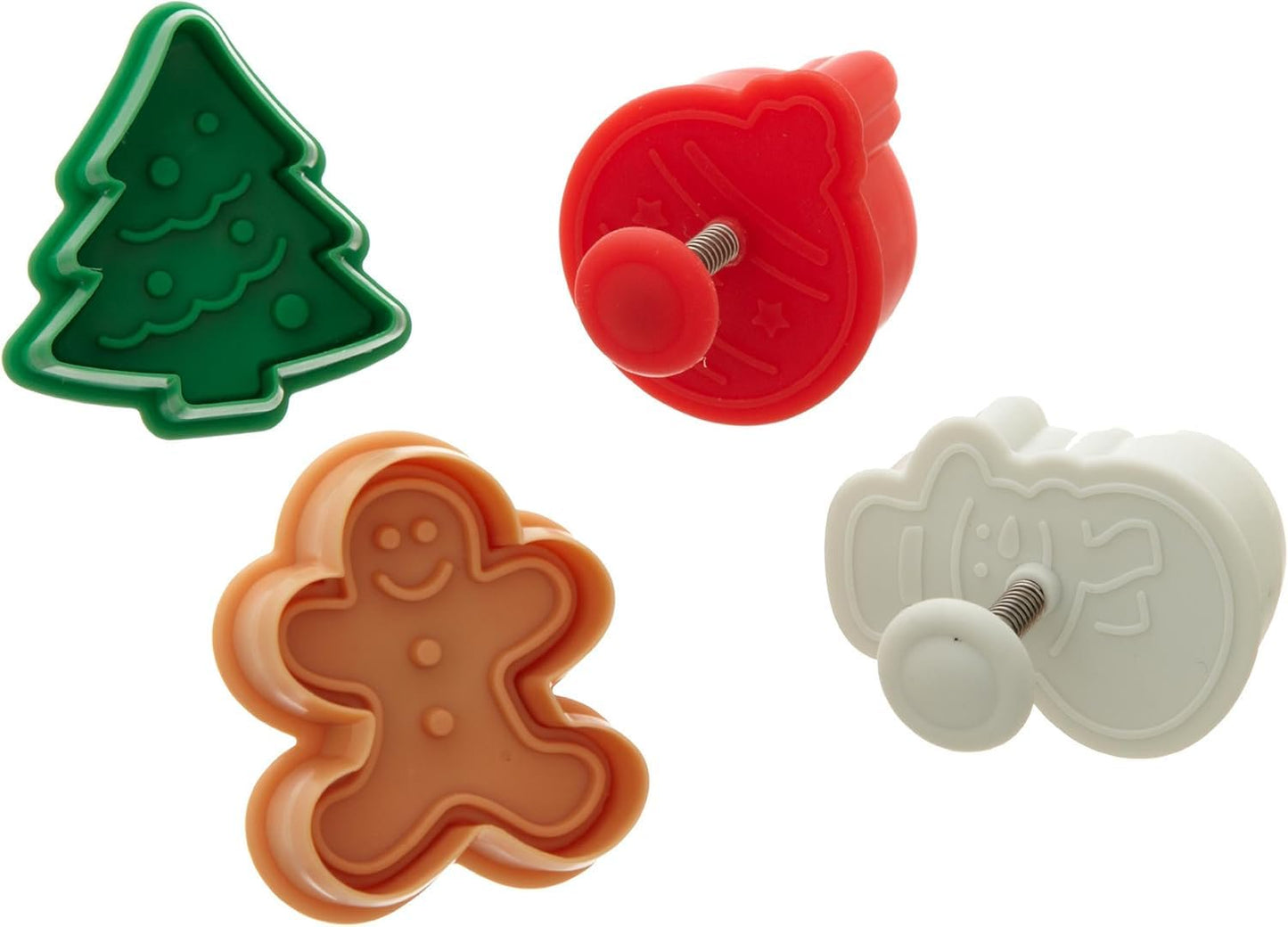 Ateco 1993 Christmas Themed Plunger Cutters, Set of 4 Shapes for Cutting Decorations & Direct Embossing, Spring-loaded Handle, Food Safe Plastic