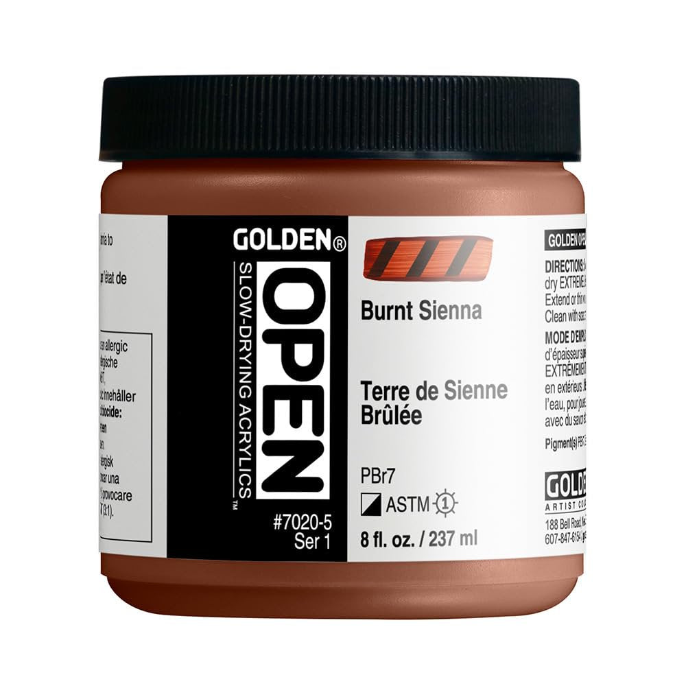 GOLDEN OPEN Slow-Drying Acrylics, Burnt Sienna, 8 fl. oz. Jar, Professional Acrylic Paint, Semi-Opaque