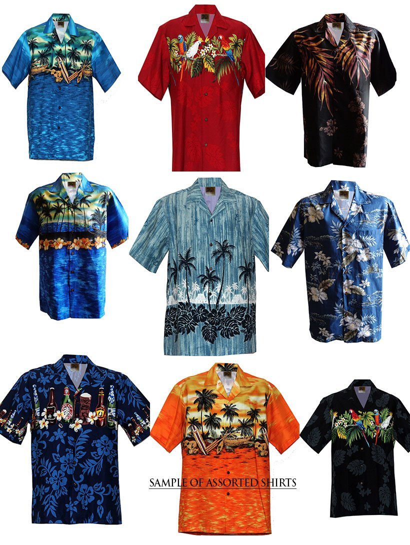 WinnieFashion (Sunset) Hawaiian Aloha (100% Cotton) Shirt in Blue (L)