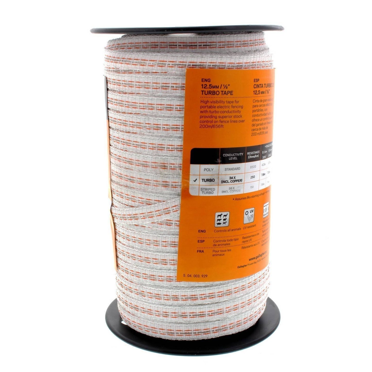 Gallagher 1/2" x 656' Turbo Poly Tape with Copper and Stainless Steel Strands for 34x More Conductivity Than Standard Poly Tape