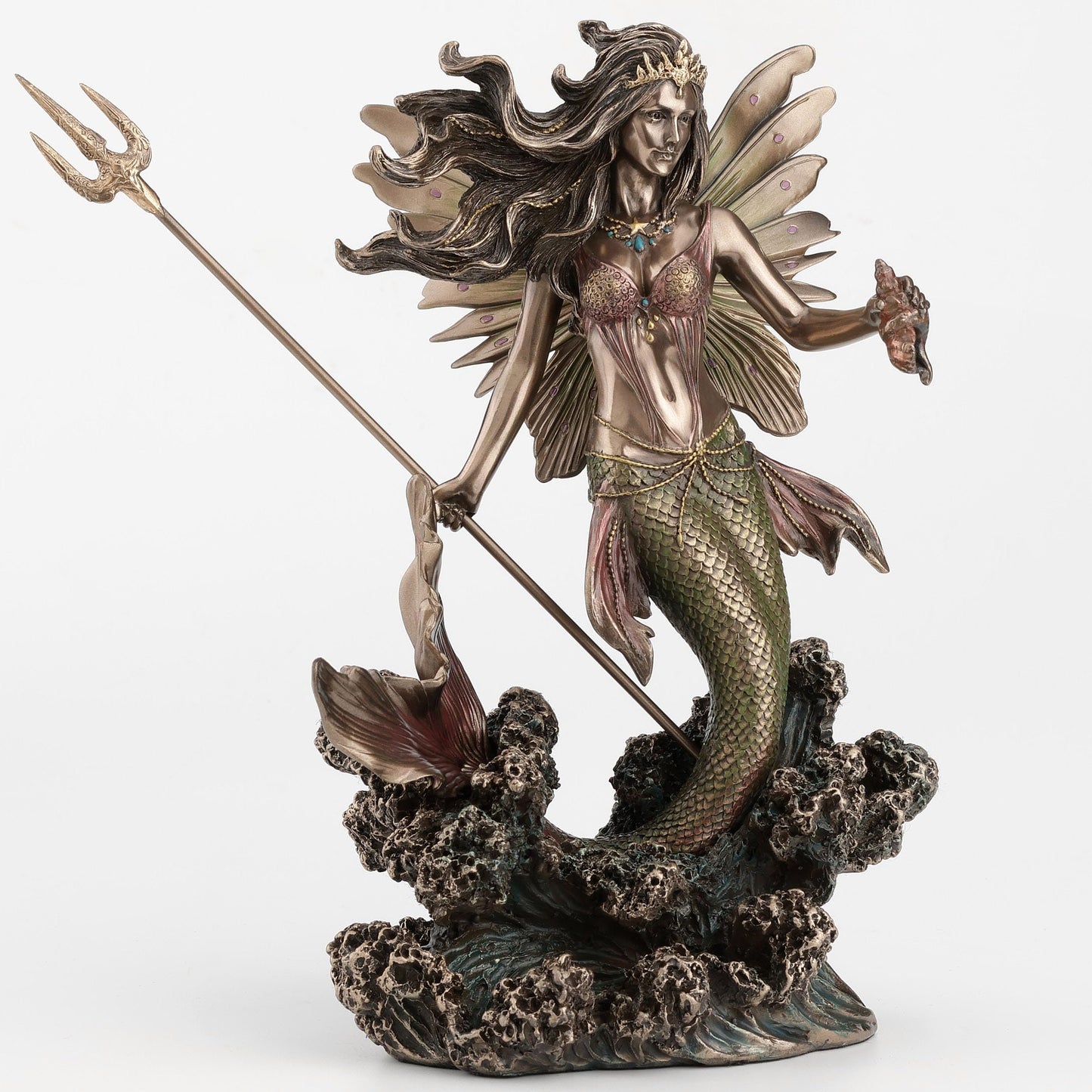 Veronese Design 9 1/8 Inch Queen Mermaid Fairy Holding Trident Cold Cast Resin Bronze Finish Sculpture