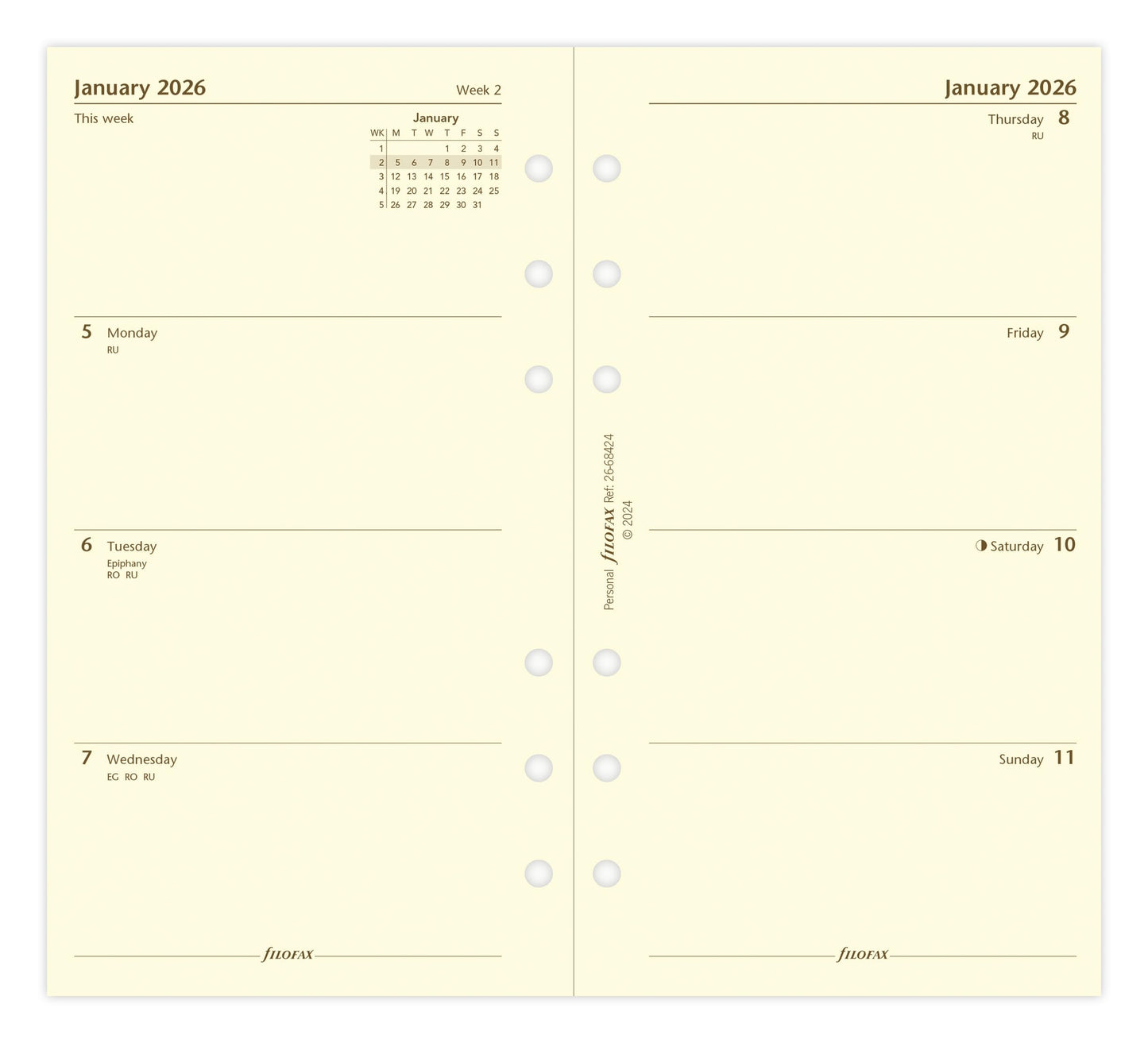 Filofax Personal week on two pages cotton cream English 2026 diary 26-68424