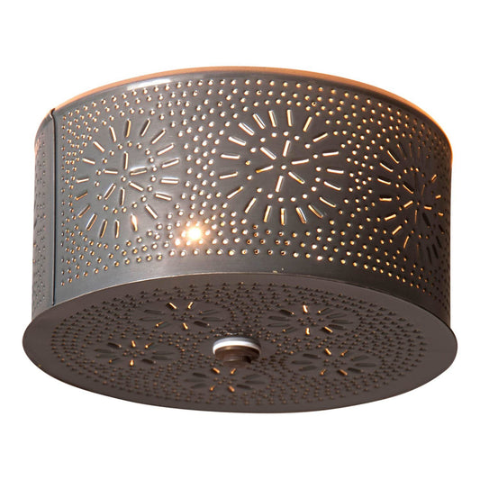 Irvin's Tinware, 367CT, 2 Light Flush Mount Round Ceiling Light with Chisel in Country Tin, Primitive Country Tin Lighting