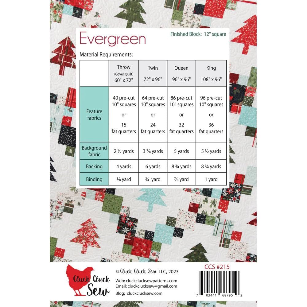 Cluck Cluck Sew Evergreen Quilt Pattern - Throw, Twin, Queen, King Sizes - Sewing Pattern