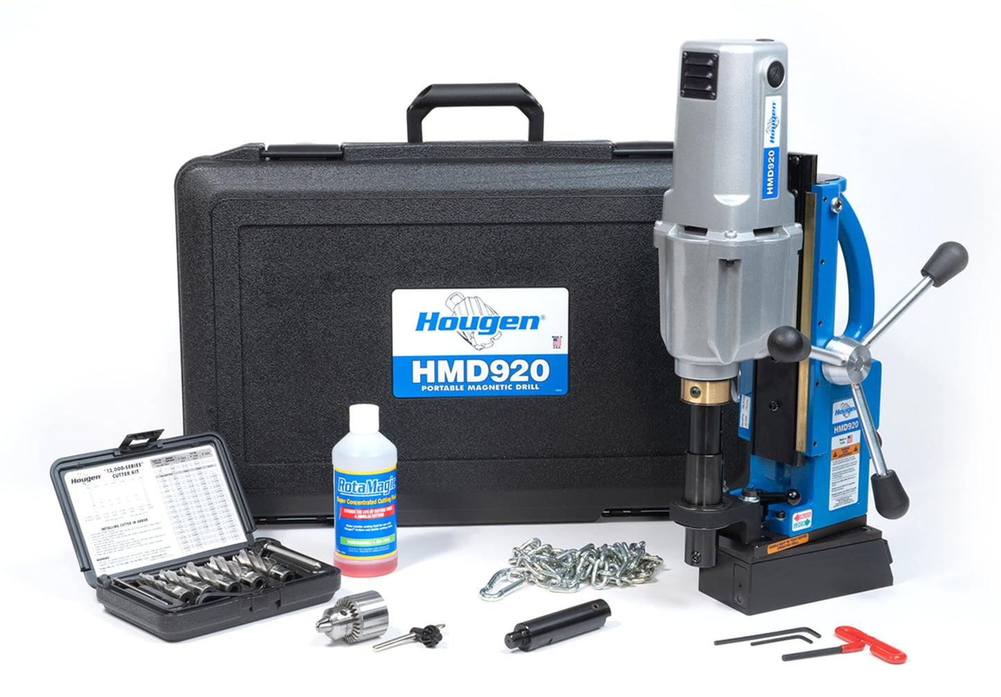 Hougen HMD920 115-Volt Swivel Base Magnetic Drill 3 Speed/Coolant Bottle Plus 1/2" Drill Chuck Adapter Plus 12002 Rotabroach Cutter Kit Replacement of The HMD917