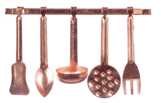 Dolls House Miniature Kitchen Accessory Copper Hanging Utensils & Rack 5055