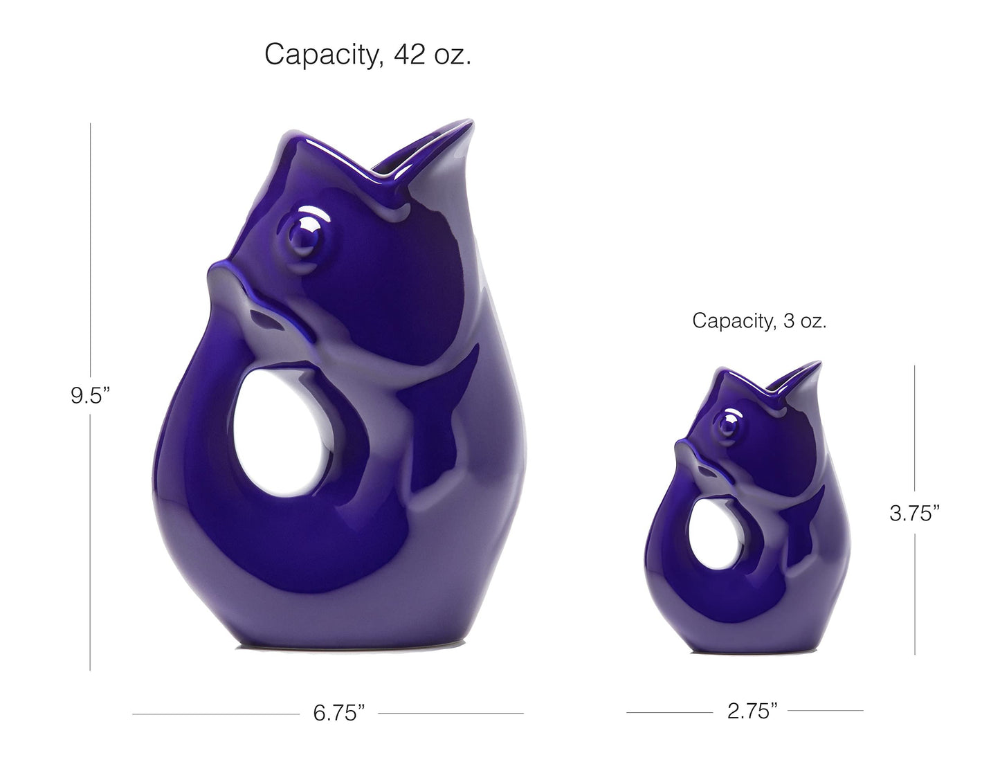 Gurgle Pot Fish Pitcher & Creamer - Set of 2, Cobalt Blue, Large Pitcher 42 oz with Baby 3 oz Gurgle Pot.