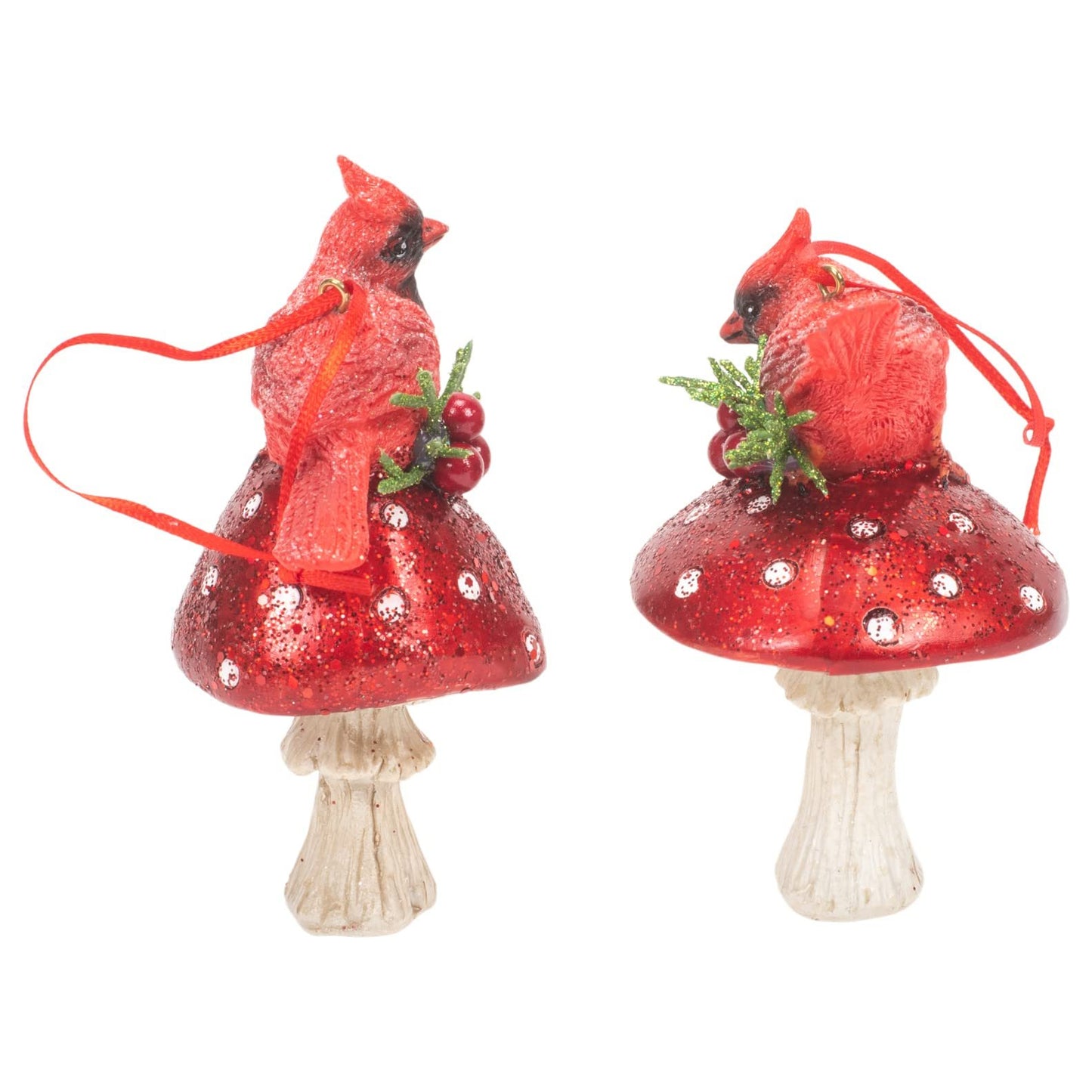 Kurt Adler Holiday Cardinal on Forest Mushroom Ornament, Set of 2